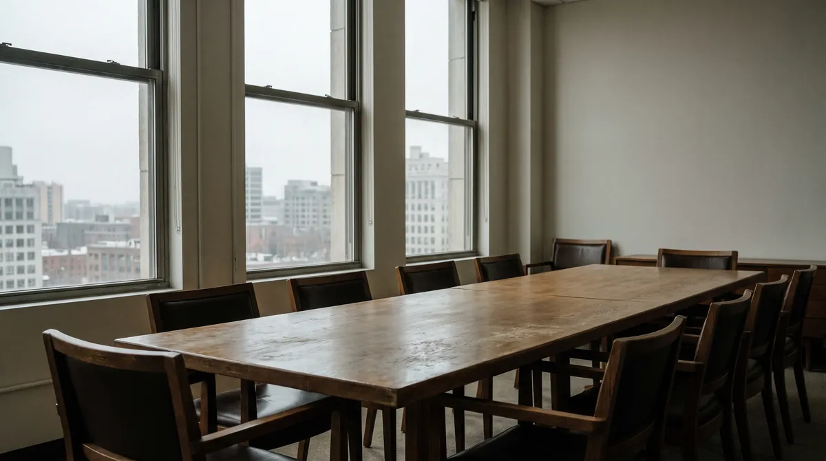 An empty boardroom with a long timber table and tall windows.